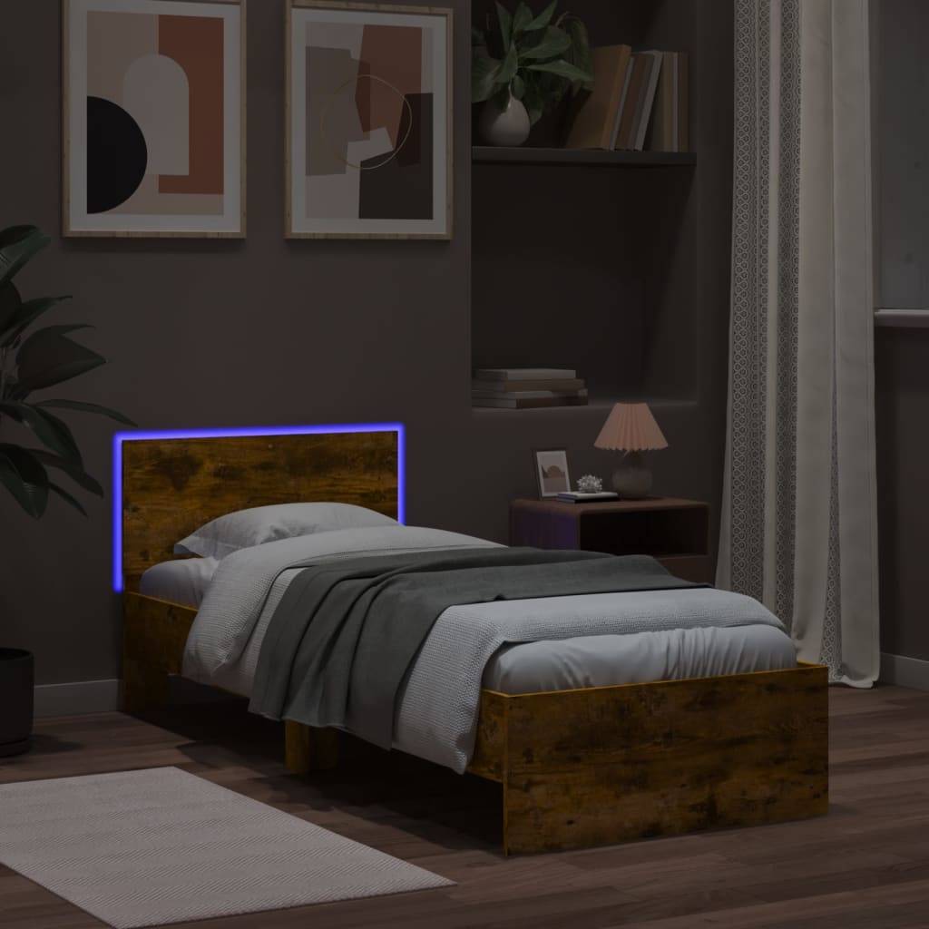 vidaXL Bettgestell mit Kopfteil und LED-Leuchten Räuchereiche 90x200cm