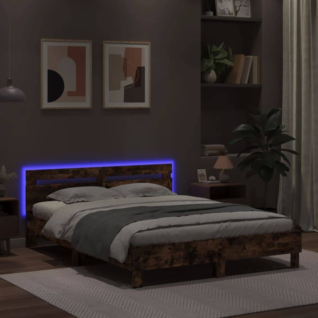 vidaXL Bettgestell mit Kopfteil LED-Beleuchtung Räuchereiche 150x200cm