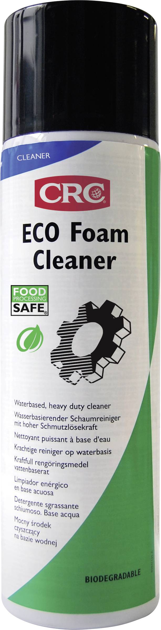 Spraydose mit der Aufschrift 'CRC ECO Foam Cleaner', kennzeichnet als biologisch abbaubar und lebensmittelsicher.