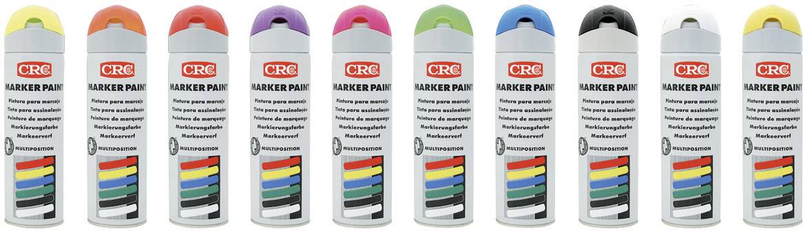 Zehn Spraydosen 'CRC Marker Paint' in verschiedenen Farben: rot, orange, gelb, pink, violett, grün, blau, schwarz, weiß, grau.