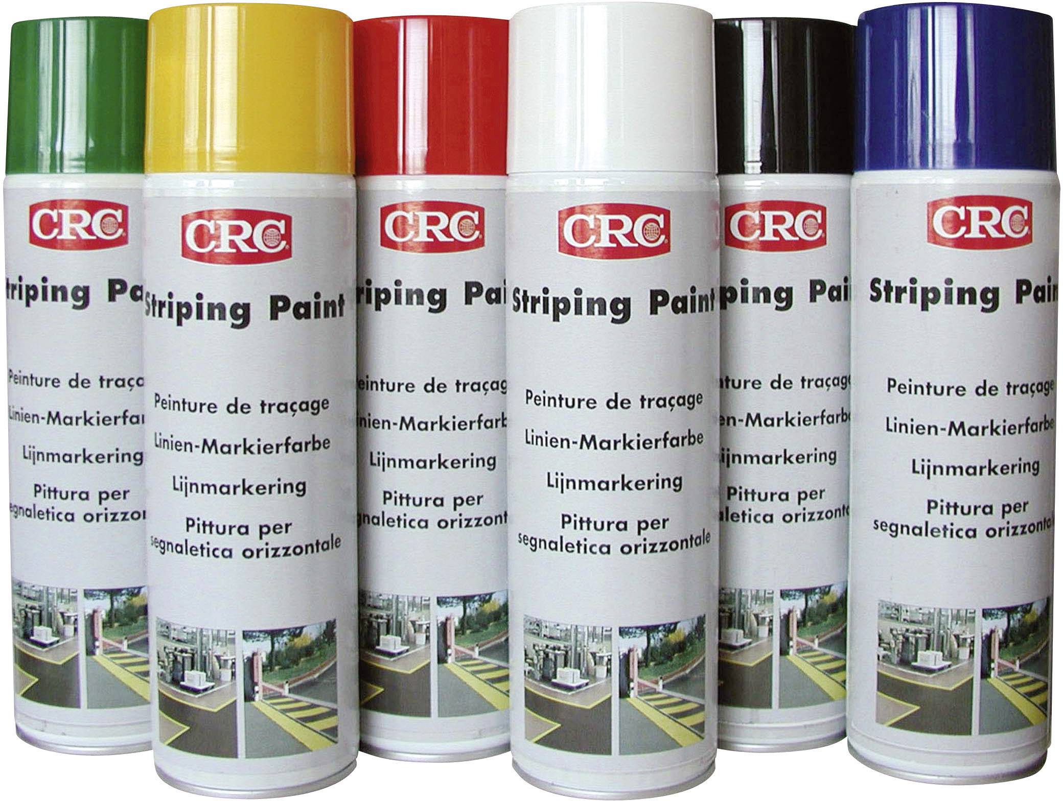 Sechs Spraydosen in verschiedenen Farben (Gelb, Grün, Rot, Weiß, Schwarz, Blau) mit Aufschrift 'Stripping Paint' für Markierungsarbeiten.