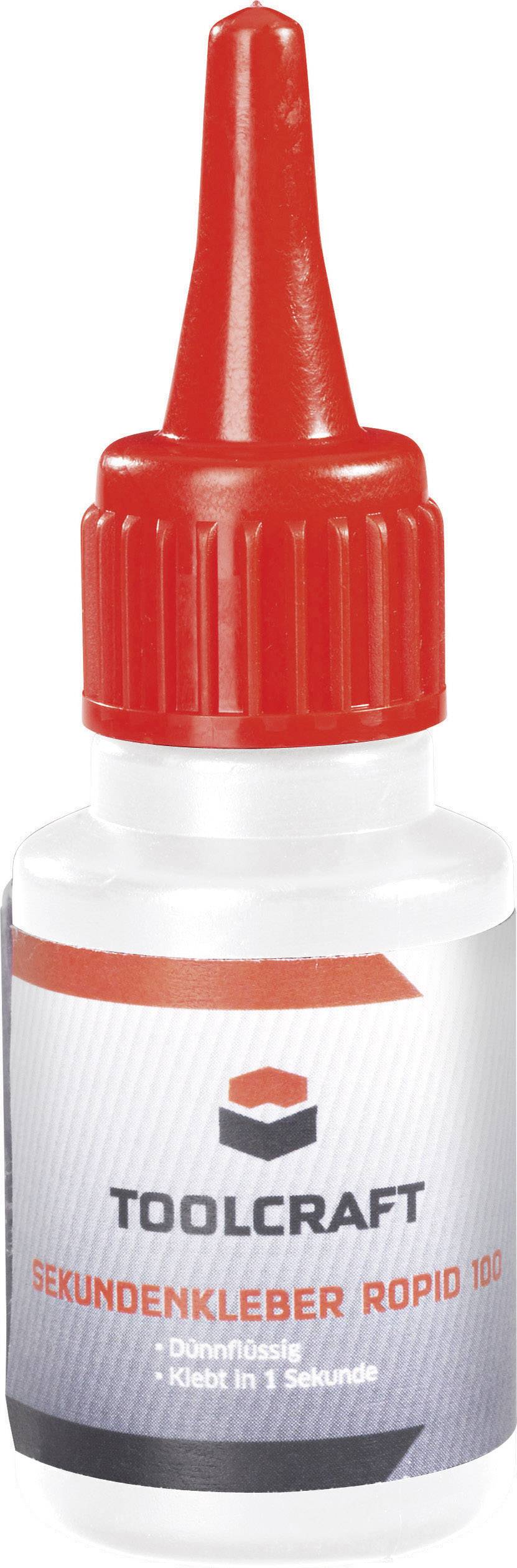 Flasche mit rotem Tropfverschluss, beschriftet mit 'TOOLCRAFT Sekundenkleber Ropid 100'. Dichtet und klebt in 1 Sekunde.