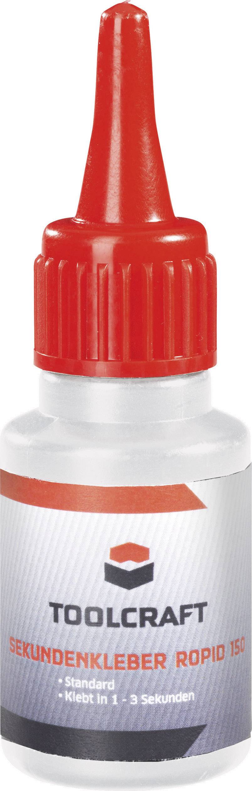Flasche mit roter Kappe, auf der 'TOOLCRAFT SEKUNDENKLEBER ROPID 150' steht; haftet in 1-3 Sekunden.