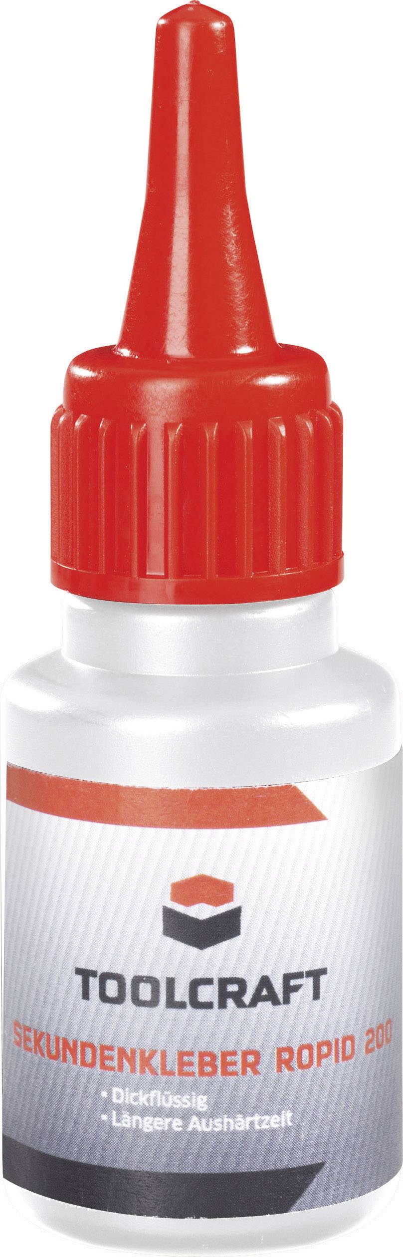 Flasche eines Sekundenklebers der Marke Toolcraft mit rotem Deckel und Etiketttext: 'Sekundenkleber Ropid 20g, dickflüssig, längere Aushärtezeit'.