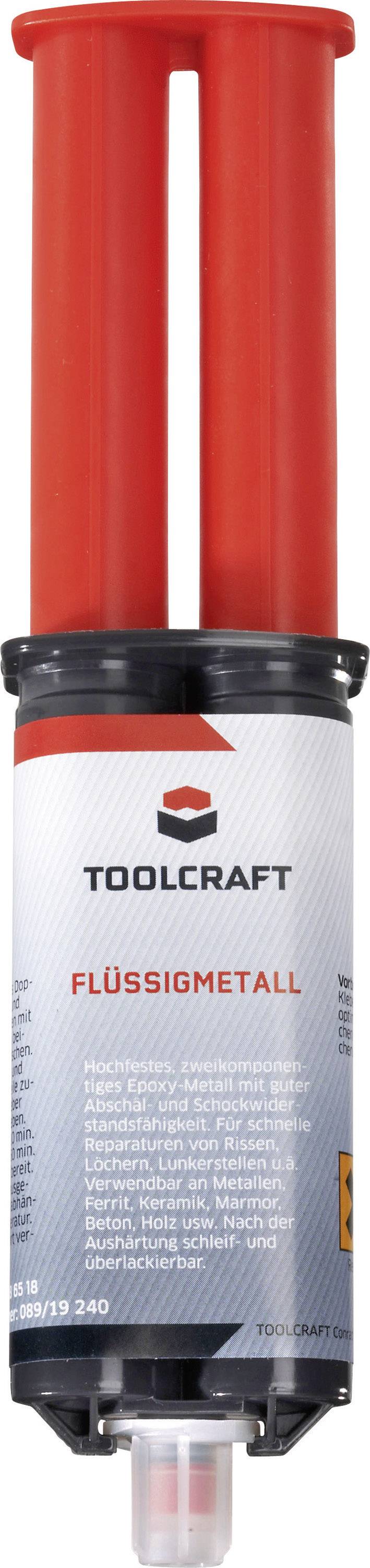Spritze mit rotem Stößel, darauf steht 'TOOLCRAFT Flüssigmetall'. Enthält Klebstoff für Reparaturen und Modellbau.