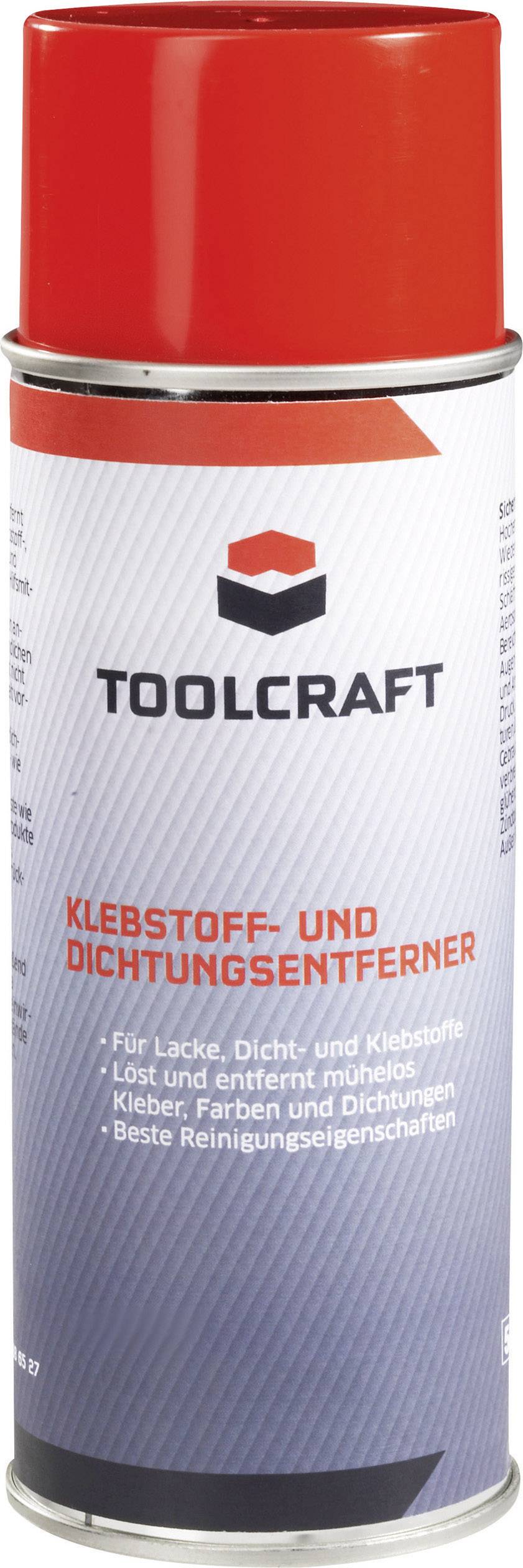 Sprühdose von TOOLCRAFT für Klebstoff- und Dichtungsentfernung. Roter Deckel, geeignet für Lacke, Dicht- und Klebstoffe.