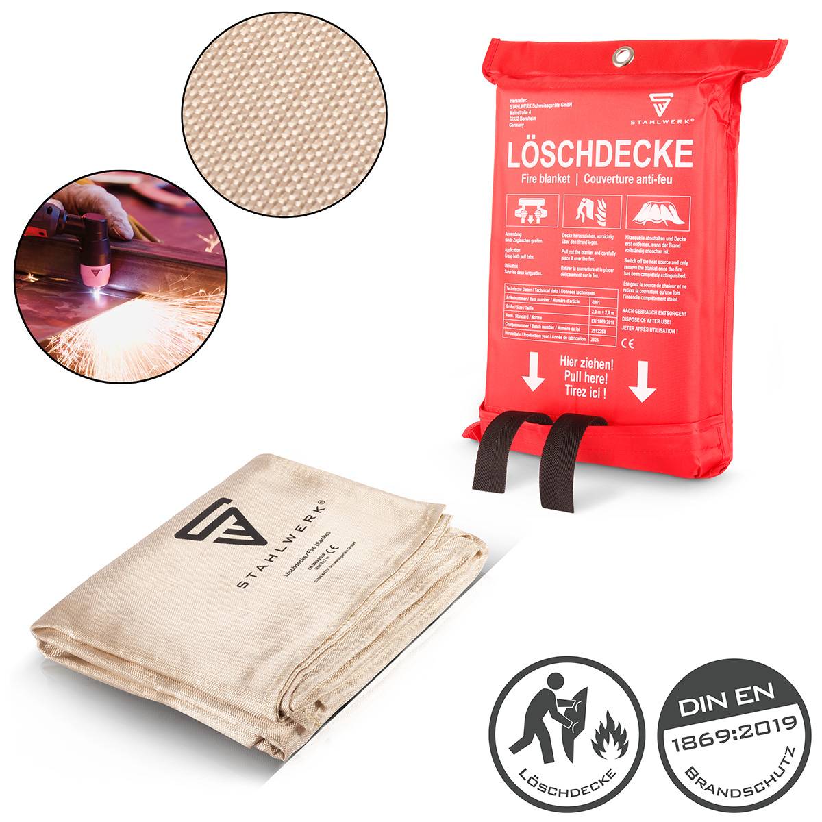 STAHLWERK Löschdecke 200 x 200 cm Fiberglas DIN EN 1869:2019