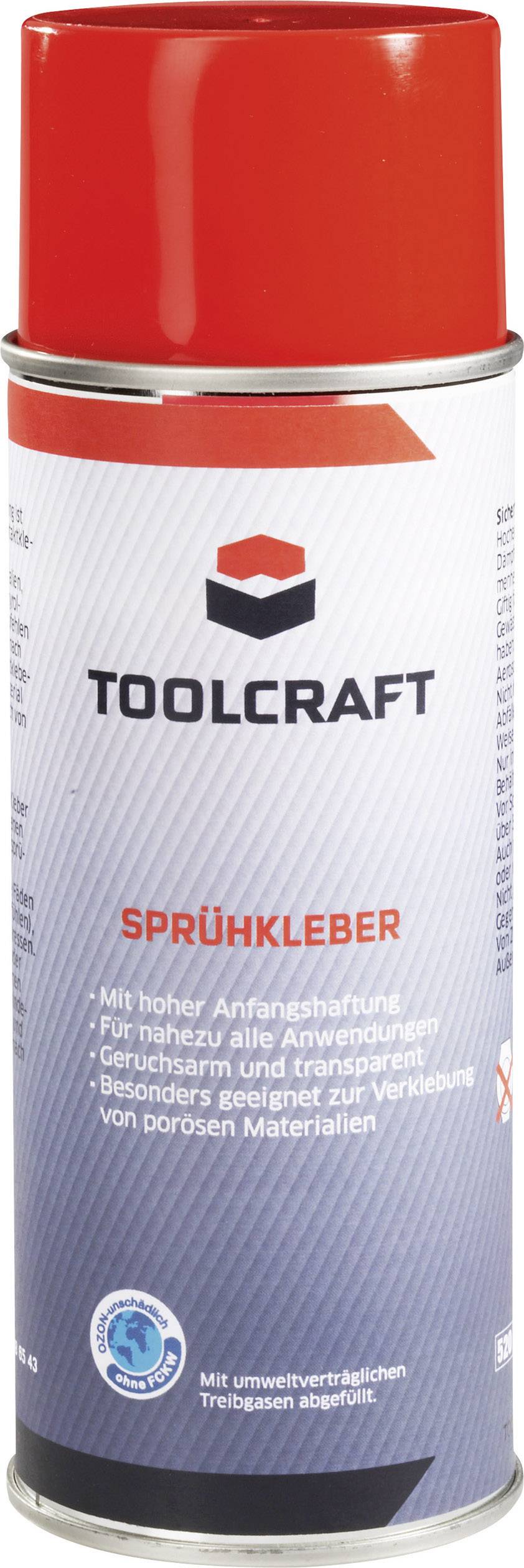 Dose mit rotem Deckel, Marke Toolcraft, Sprühkleber für poröse Materialien, hohe Anfangshaftung, geruchsarm, transparent.
