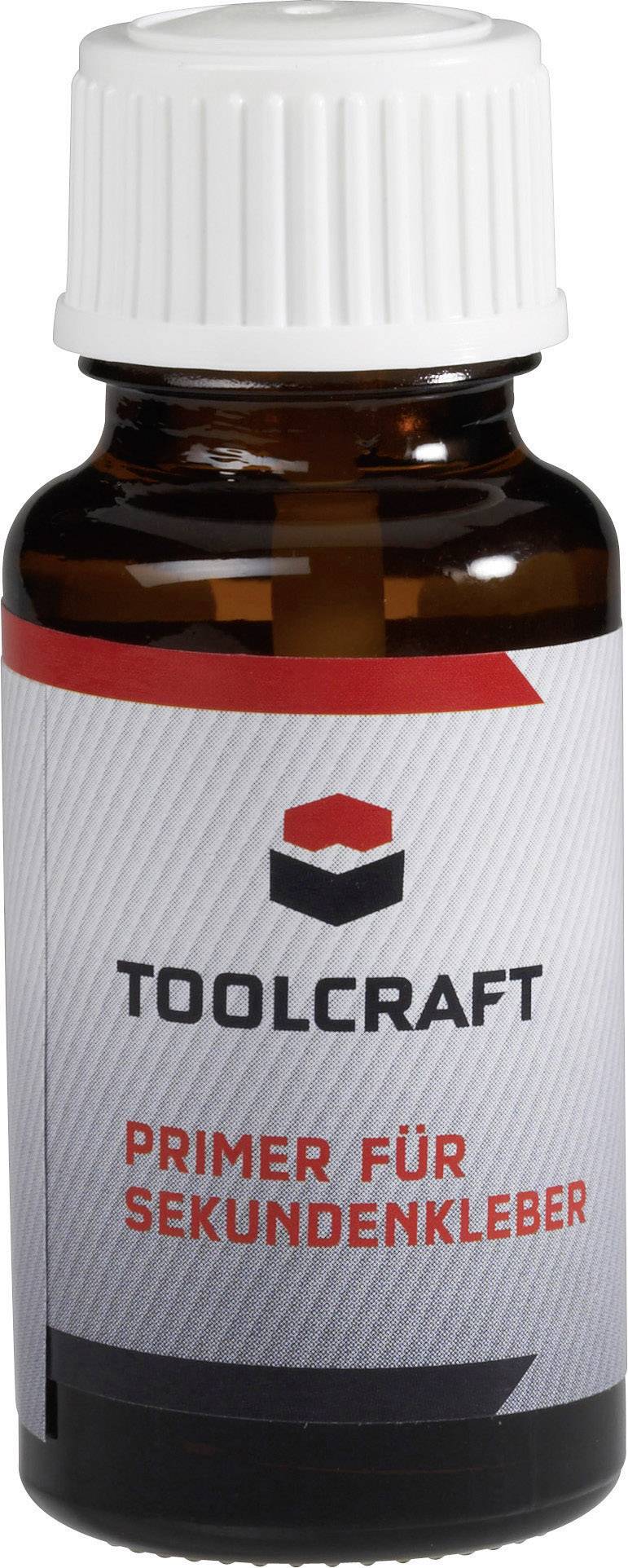 Braunes Fläschchen mit weißem Verschluss, beschriftet mit 'Toolcraft Primer für Sekundenkleber'.