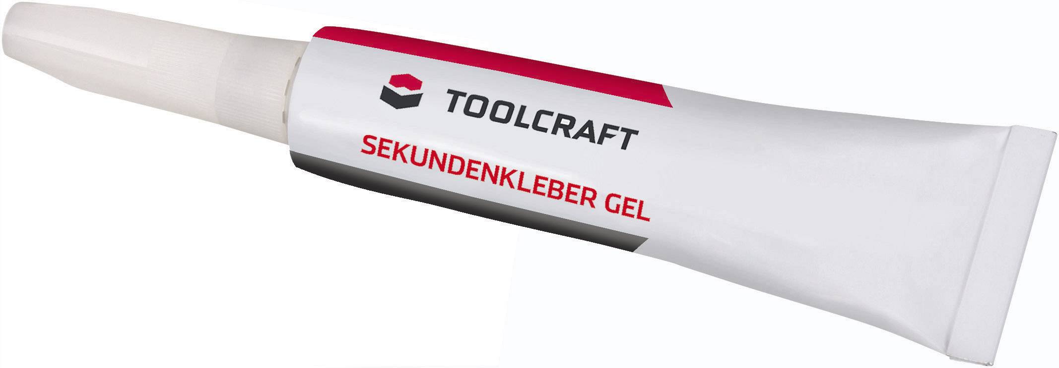 Eine Tube Sekundenkleber von Toolcraft. Die Tube ist hauptsächlich weiß mit einem roten und schwarzen Logo und der Aufschrift 'SEKUNDENKLEBER GEL'.