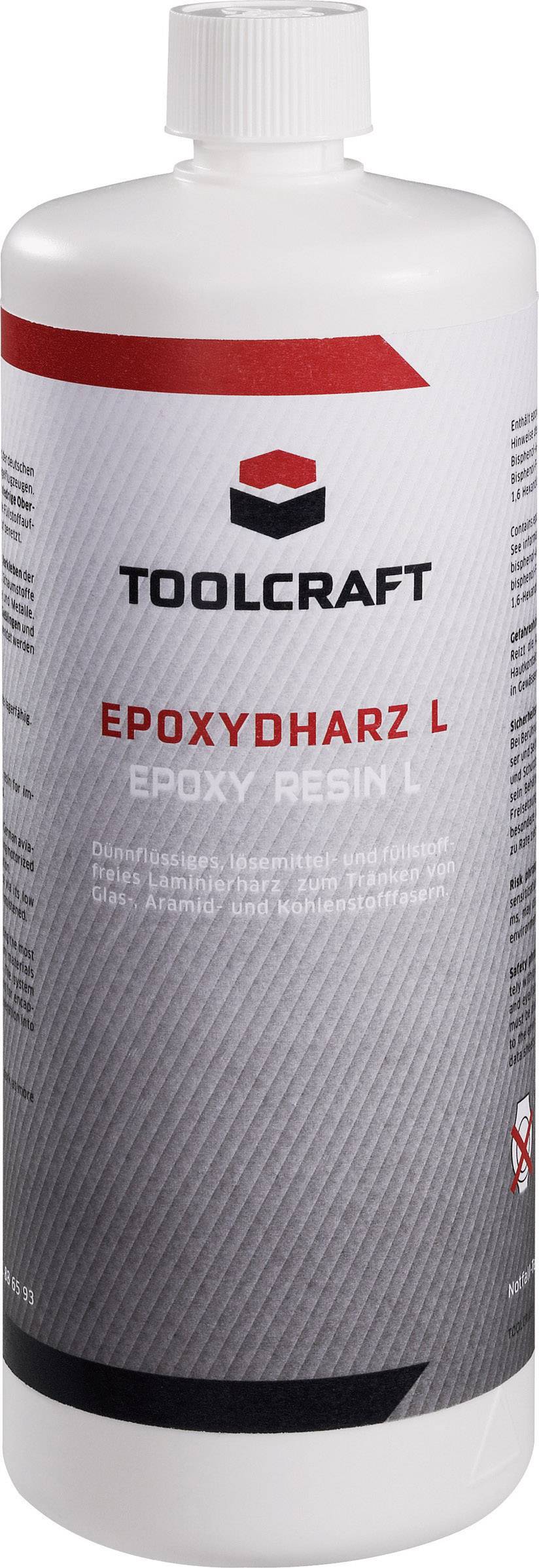 Flasche mit der Aufschrift 'TOOLCRAFT Epoxidharz L'. Enthält Epoxidharz, geeignet für Modellbau und Reparaturen.