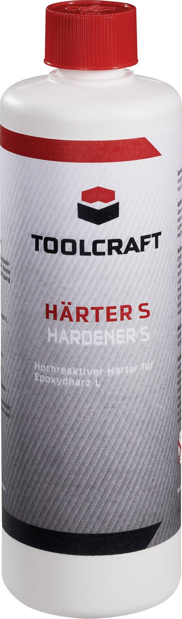 Flasche mit rotem Deckel, beschriftet mit 'TOOLCRAFT Härter S'. Enthält hochaktiven Härter für Epoxidharz L.