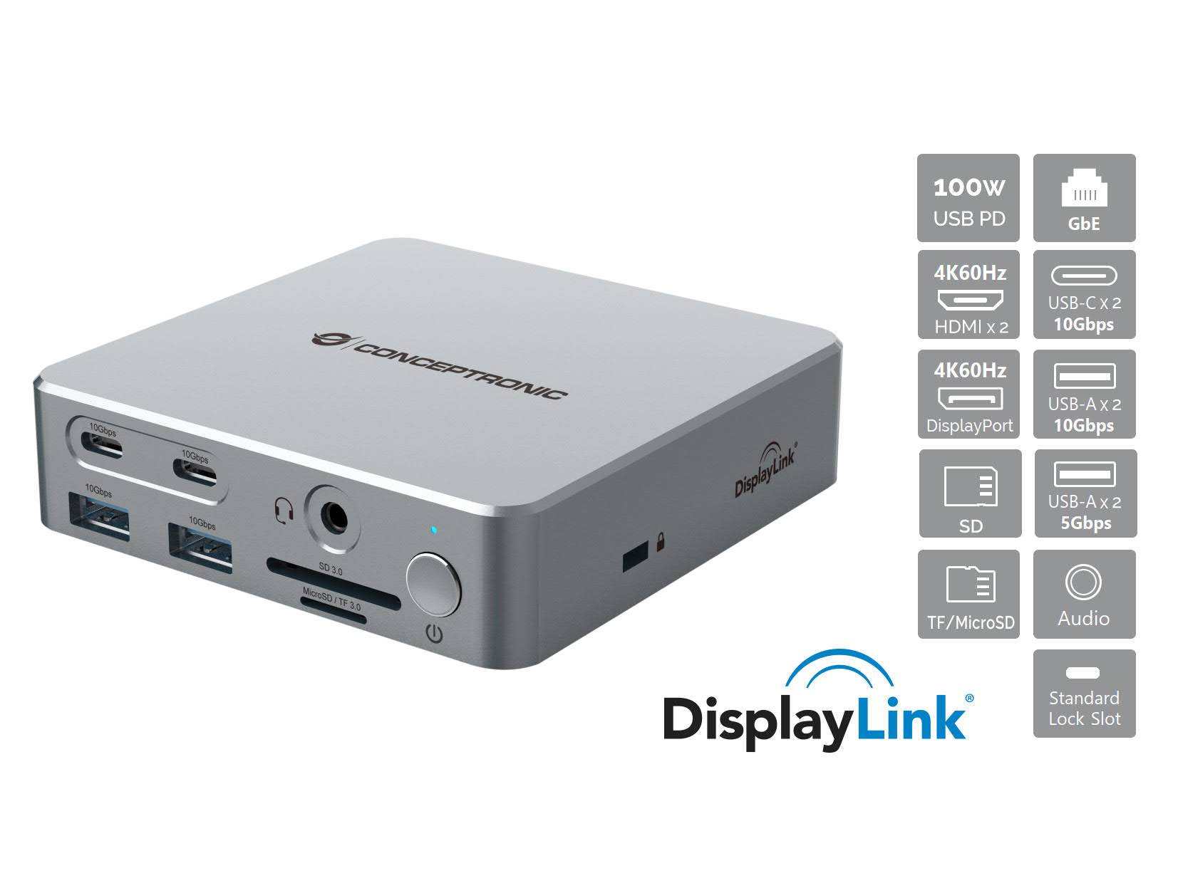 Conceptronic DONN25G 15-in-1 DisplayLink USB 3.2 Gen 2 Dockingstation, 4K60Hz Triple-Display, HDMI x