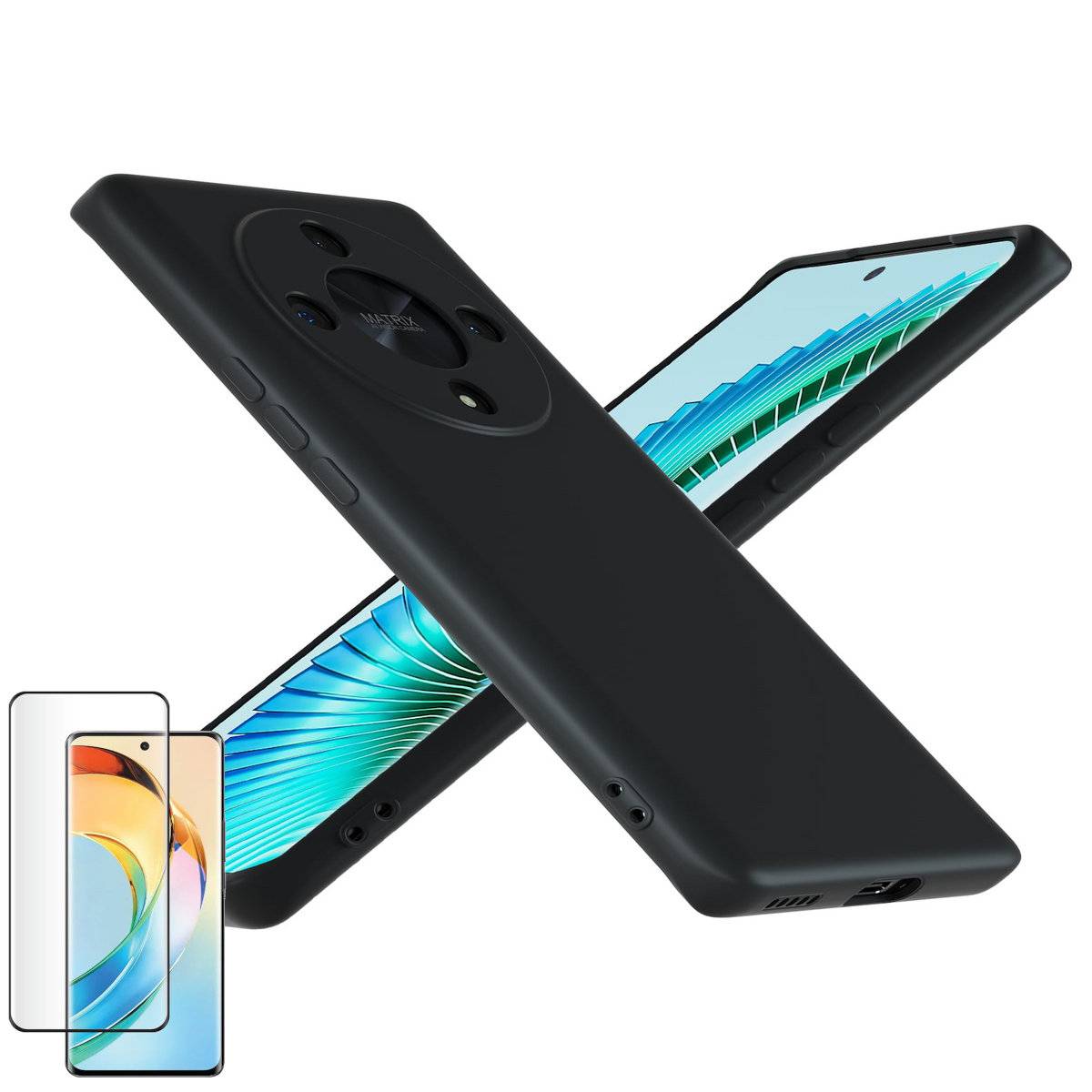 Für Honor Magic 6 Lite Hülle dünn Schwarz + Curved 4D Hart Glas Panzer