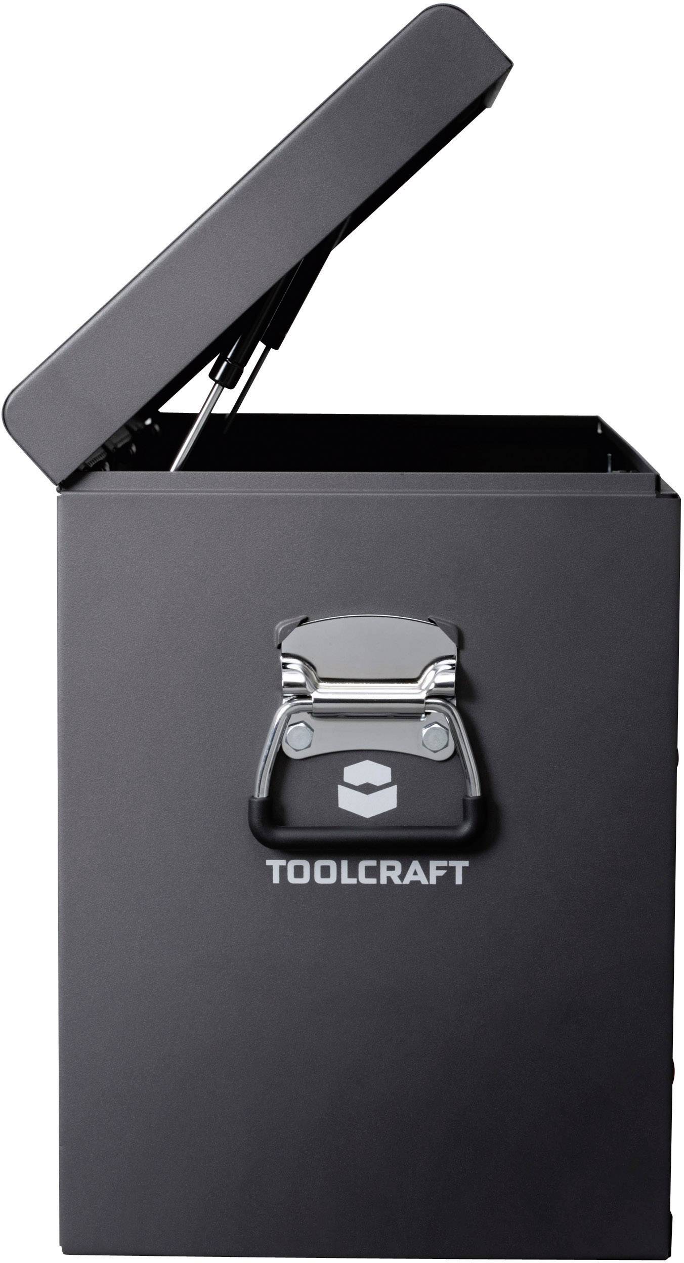 Geöffnete schwarze Metallbox mit Hebelgriff vorne und 'TOOLCRAFT'-Logo, vermutlich zur Aufbewahrung von Werkzeugen.