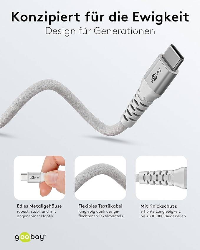Goobay 70195 USB C auf USB C Ladekabel 60W / Textilkabel 480 Mbits / USB 2.0 Typ C Adapterkabel Stoffkabel / Weiß / 3m