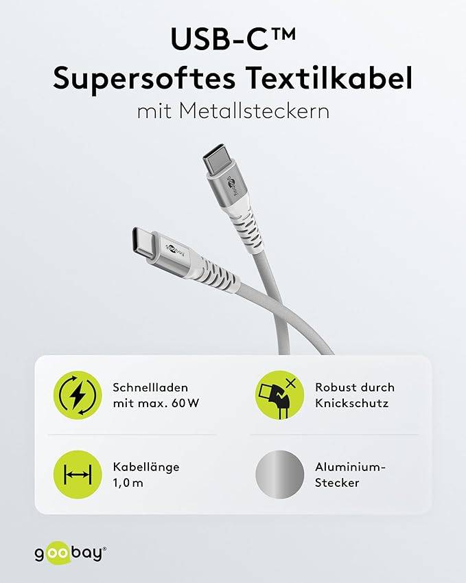Goobay 70193 USB C auf USB C Ladekabel 60W / Textilkabel 480 Mbits / USB 2.0 Typ C Adapterkabel Stoffkabel / Weiß / 1m