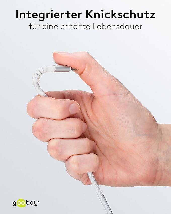 Goobay 70193 USB C auf USB C Ladekabel 60W / Textilkabel 480 Mbits / USB 2.0 Typ C Adapterkabel Stoffkabel / Weiß / 1m