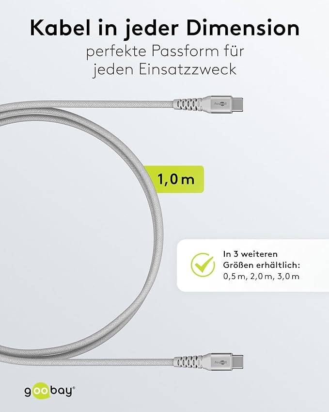 Goobay 70193 USB C auf USB C Ladekabel 60W / Textilkabel 480 Mbits / USB 2.0 Typ C Adapterkabel Stoffkabel / Weiß / 1m