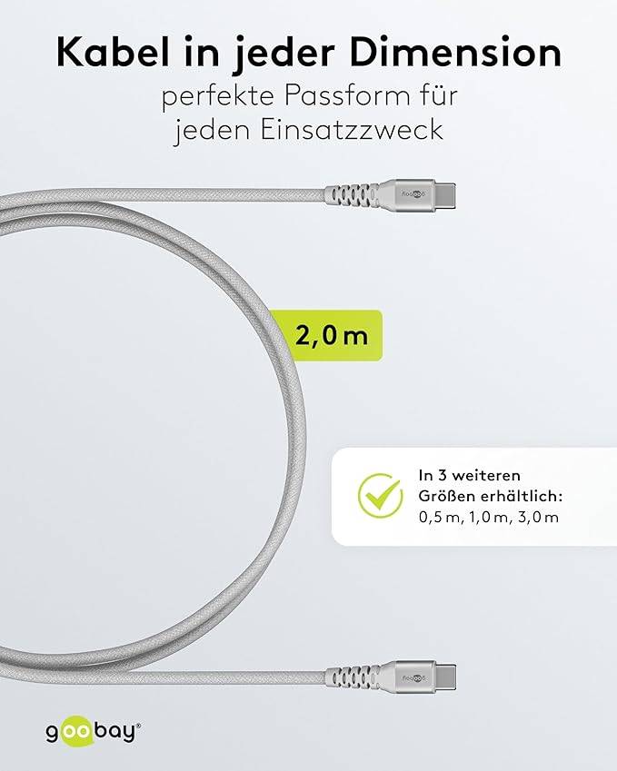 Goobay 70194 USB C auf USB C Ladekabel 60W / Textilkabel 480 Mbits / USB 2.0 Typ C Adapterkabel Stoffkabel / Weiß / 2m