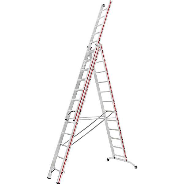 Alu-Mehrzweckleiter Industrieausführung mit Kopffahrwerk 3 x 12 Sprossen max. Arbeitshöhe 934 m. Hymer