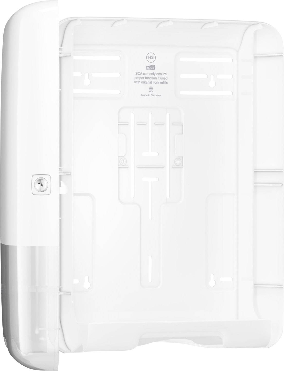 Leeres, weißes Wandgehäuse mit geöffneter Tür und Befestigungspunkten sichtbar, geeignet für die Installation elektrischer Geräte.