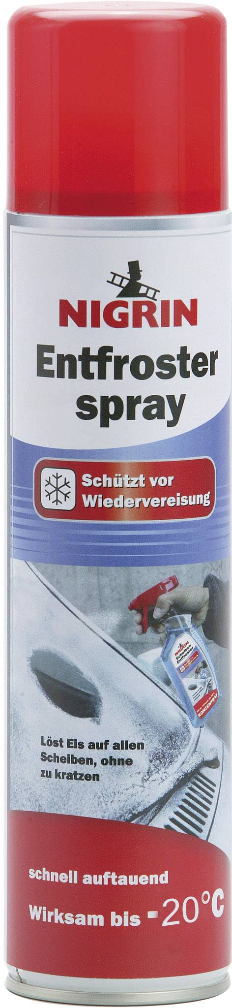 Sprühdose mit Aufdruck 'Nigrin Enteiser Spray', entzielt zur Entfernung von Eis auf Oberflächen. Wirksam bis -20°C.
