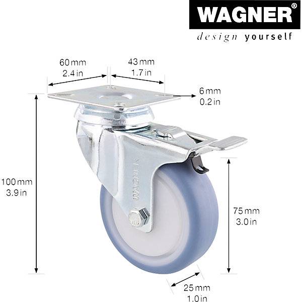 Apparaterollen DELUXE Rad-Ø 75 mm VE 4 Stk Lenkrolle mit Feststeller. Wagner 747303 49
