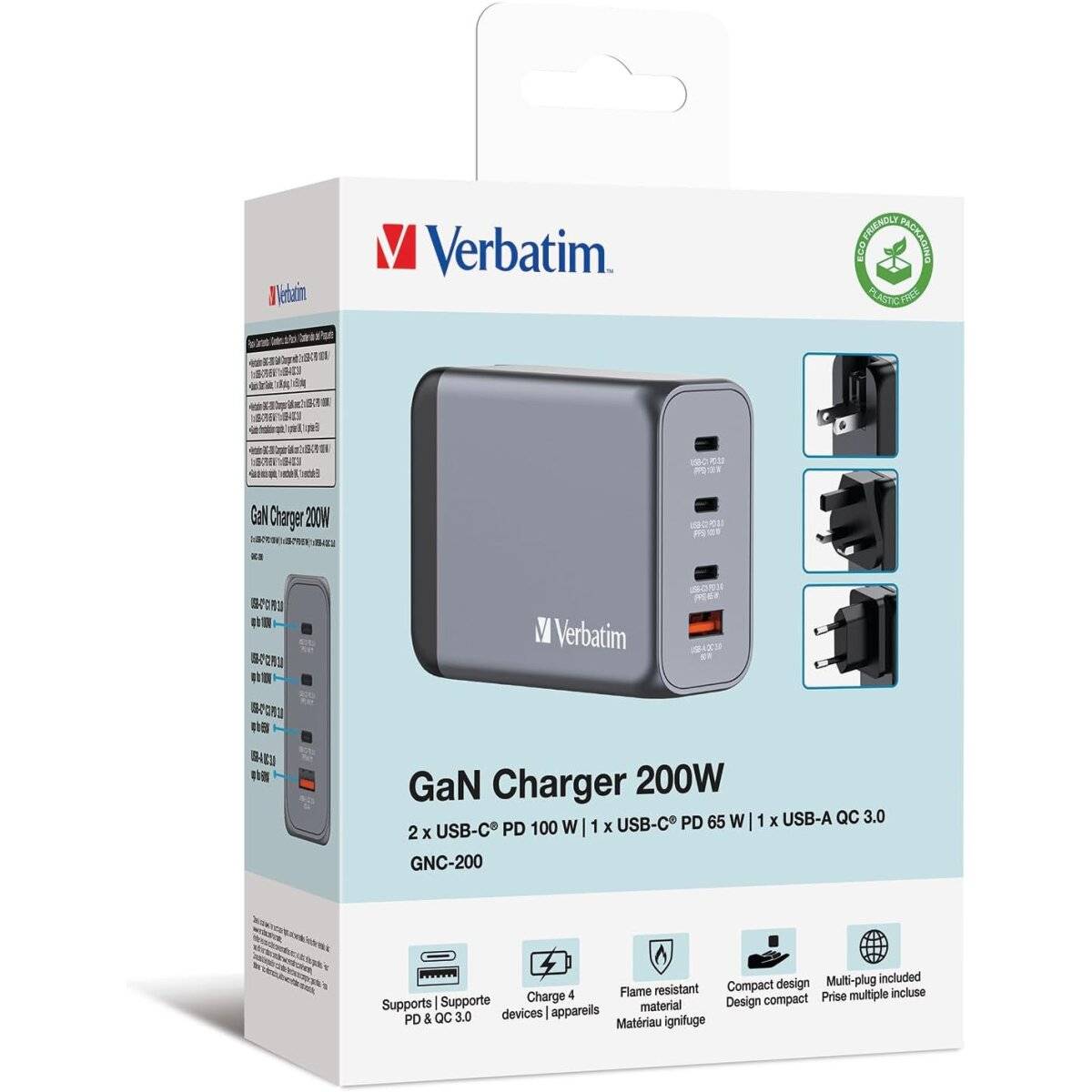 Verbatim GaN Charger 200 W, 4 Ports USB-C Ladegerät, Power Adapter mit 3 x USB-C und 1 x USB-A, Schnellladegerät