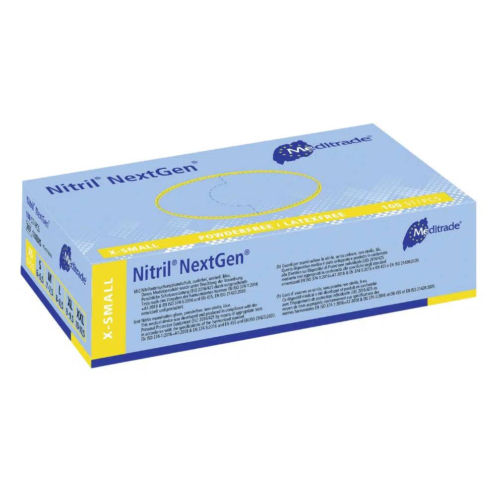 Meditrade Nitril Handschuhe NextGen® EN 455, puderfrei, blau, 100 Stk. - XS / Blau | Packung (100 Handschuhe)