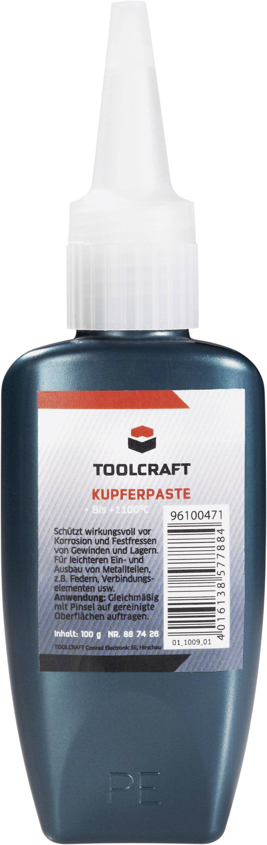 Eine Flasche Toolcraft Kupferpaste. Enthält 100 g, Artikelnummer 96100471. Geeignet als Schmiermittel für verschiedene Anwendungen.