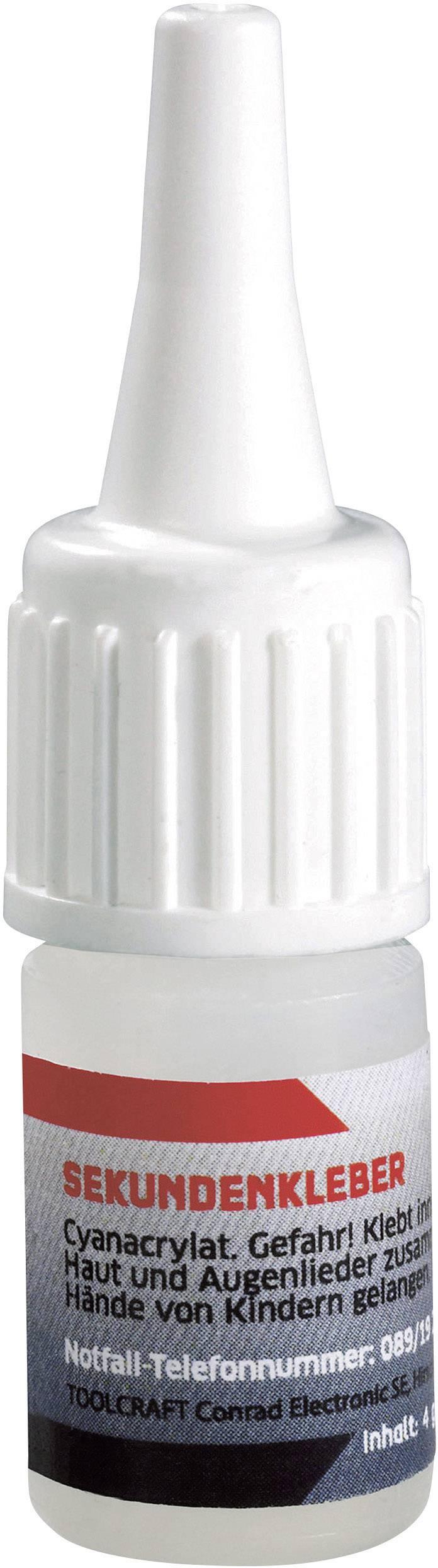 Kleine Flasche Sekundenkleber mit Warnhinweis: Kontakt mit Haut und Augen vermeiden. Außer Reichweite von Kindern aufbewahren.