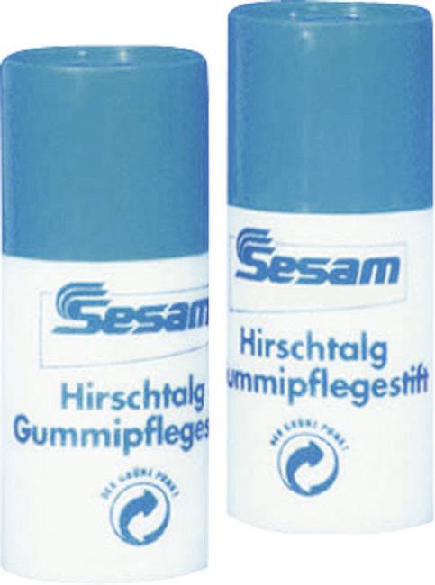 Zwei blaue und weiße Hirschfett Gummipflegestifte der Marke Sesam nebeneinander.