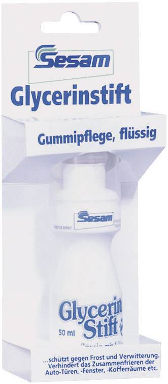 Verpackung eines Glycerinstifts der Marke 'Sesam' zur Pflege von Gummiteilen, schützt vor Frost und verhindert Verwitterung.