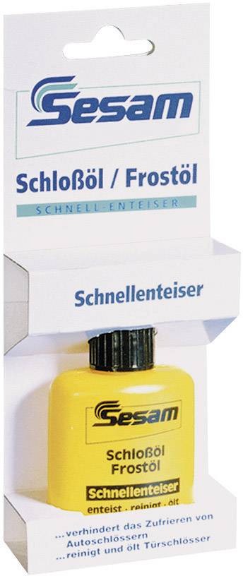 Eine Verpackung mit einer gelben Flasche Schloßöl/Frostöl der Marke Sesam. Text auf der Verpackung: 'Schnellenteiser', 'verhindert das Zufrieren von Autoschlössern'.