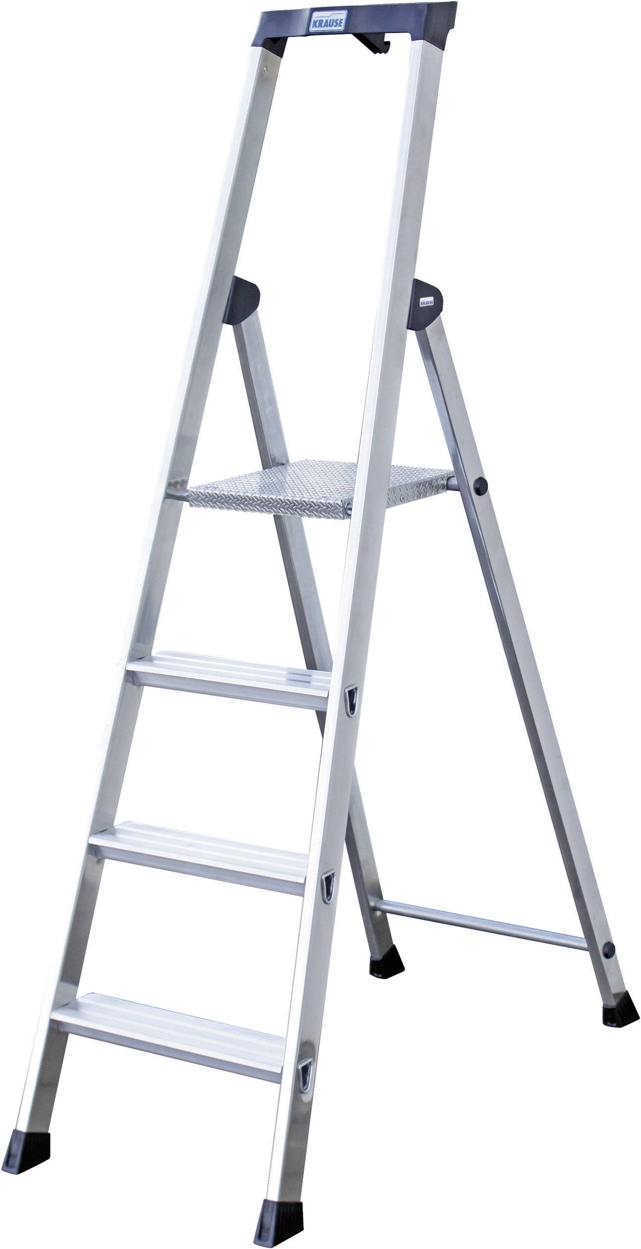 Eine silberne Aluminiumleiter mit vier Stufen und einer kleinen Plattform oben, geeignet für den Innengebrauch.