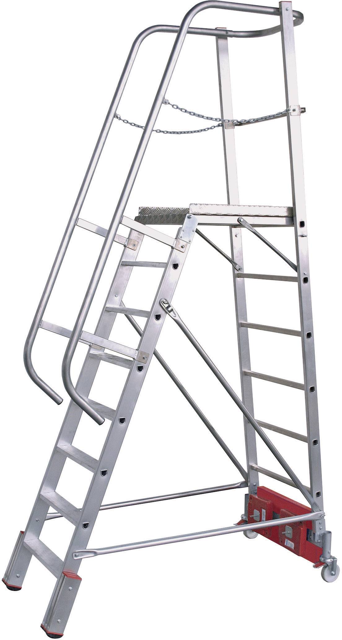 Aluleiter mit Handlauf und Plattform, geeignet für sicheres Arbeiten in der Höhe. Ausgestattet mit Rollen für einfache Bewegung.