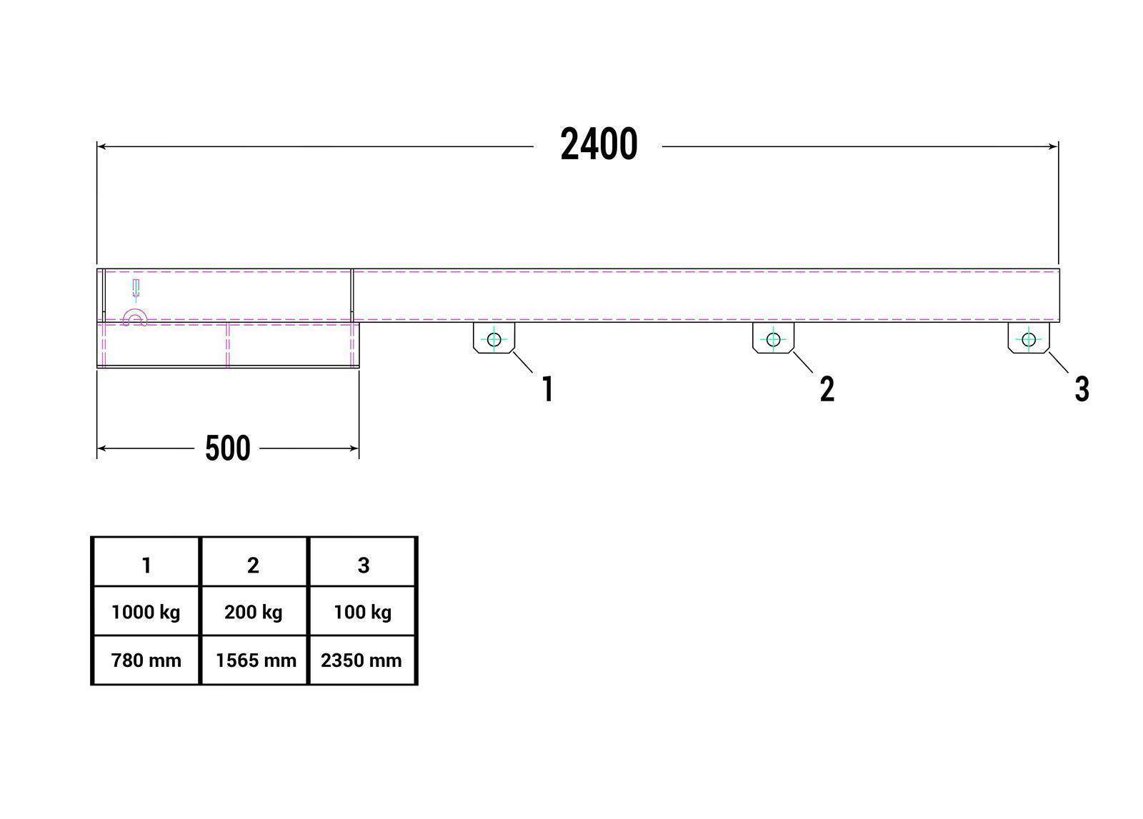 Lastarm, 2400 mm, Traglast 100 - 1000 kg, grau