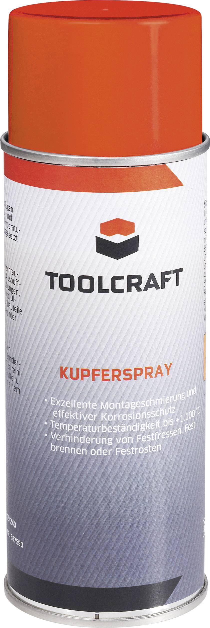 'TOOLCRAFT Kupferspray', rote Kappe. Zur Verbesserung der Leitfähigkeit an elektrischen Kontakten. Hitzebeständig bis 1100°C.