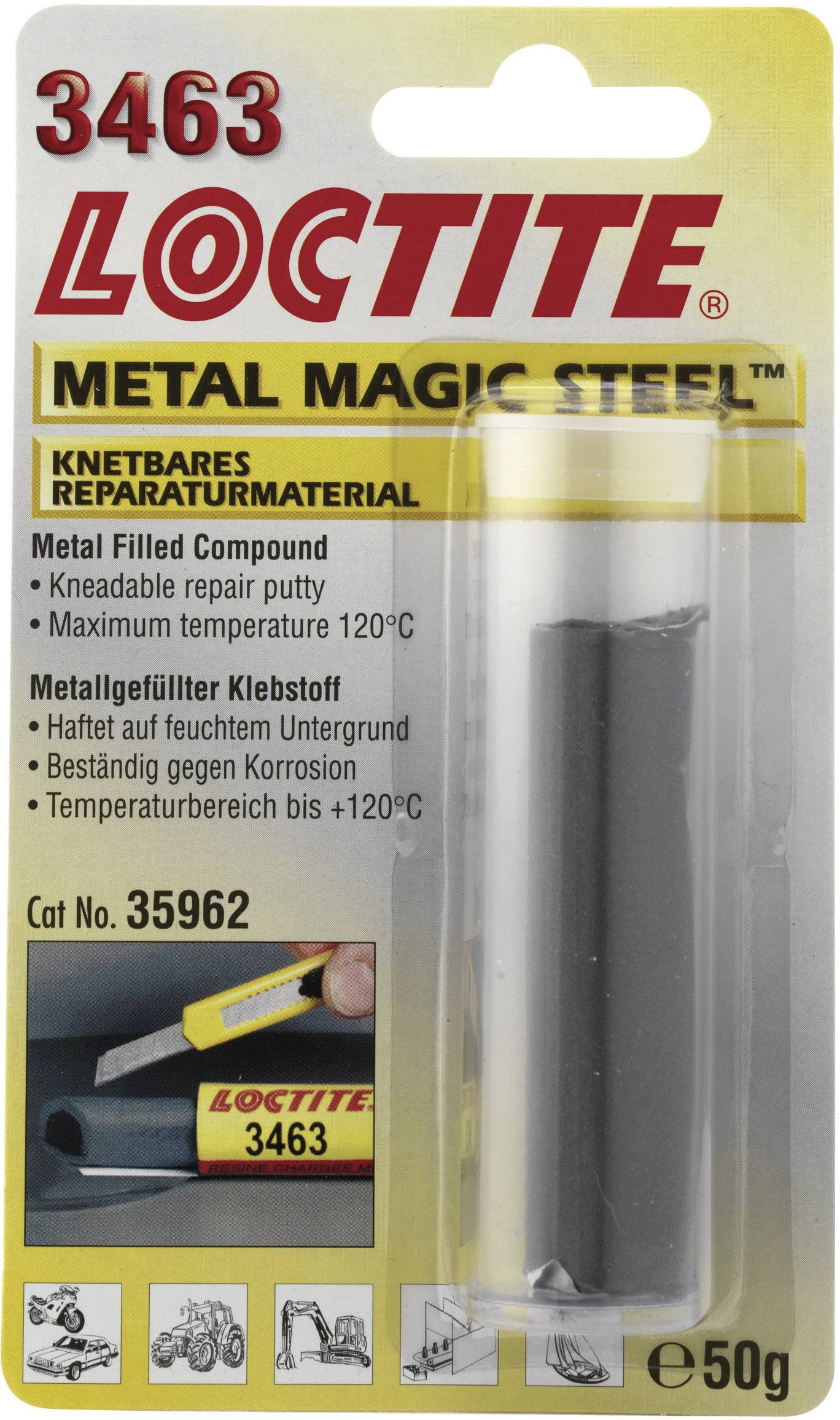 Produktverpackung von Loctite Metal Magic Steel 3463: Reparaturmaterial in Knetform, klebt unter Wasser bei bis zu 120°C.