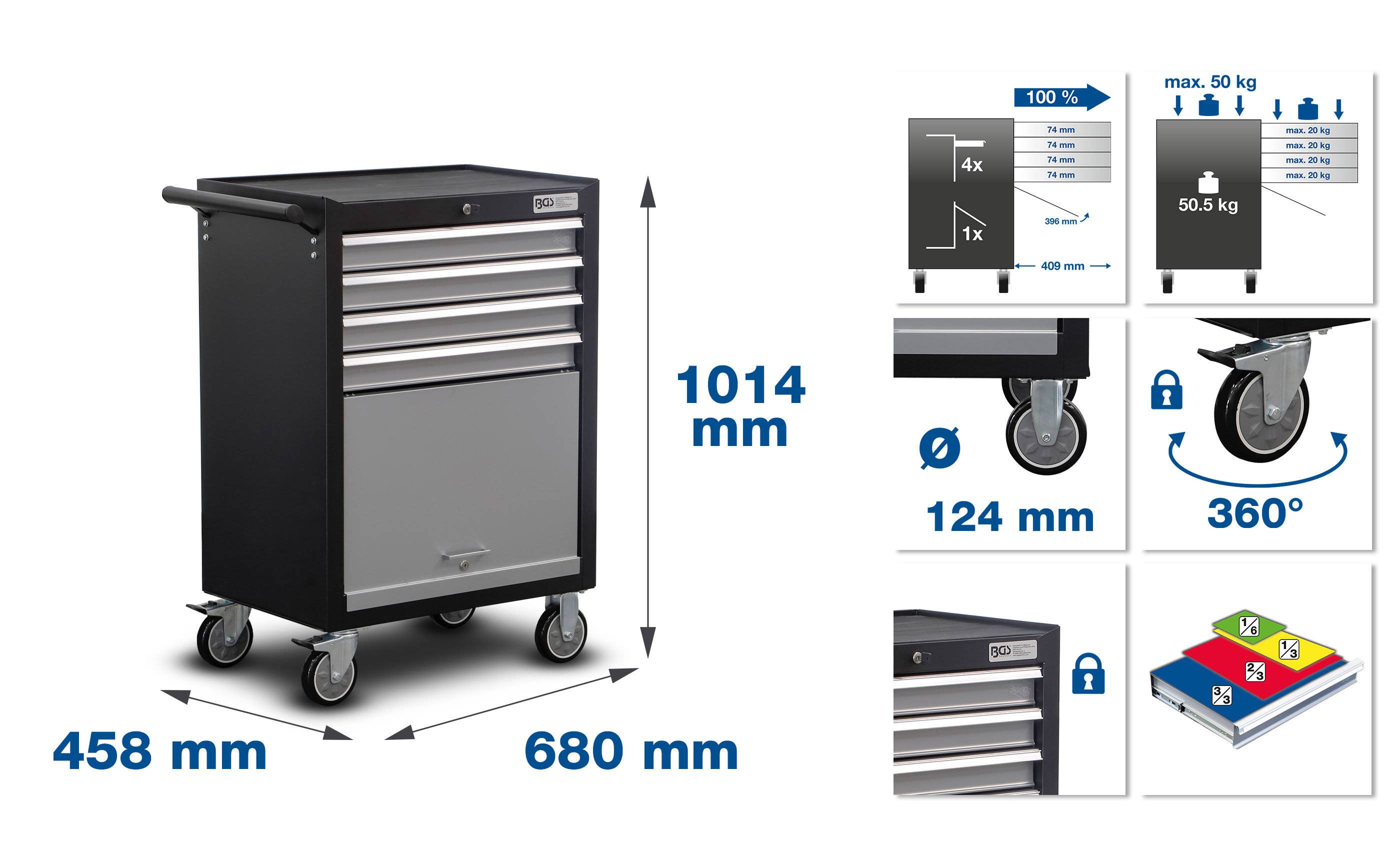 Werkstattwagen 4 Schubladen, 1 Klappfach leer
