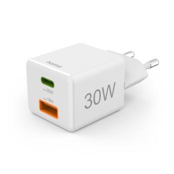 hama 00201992 Schnellladegerät, 1x USB-C, 1x USB-A, Mini-Ladegerät, PD, 30 W, Weiß