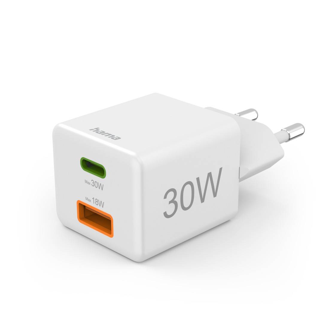 hama 00201992 Schnellladegerät, 1x USB-C, 1x USB-A, Mini-Ladegerät, PD, 30 W, Weiß