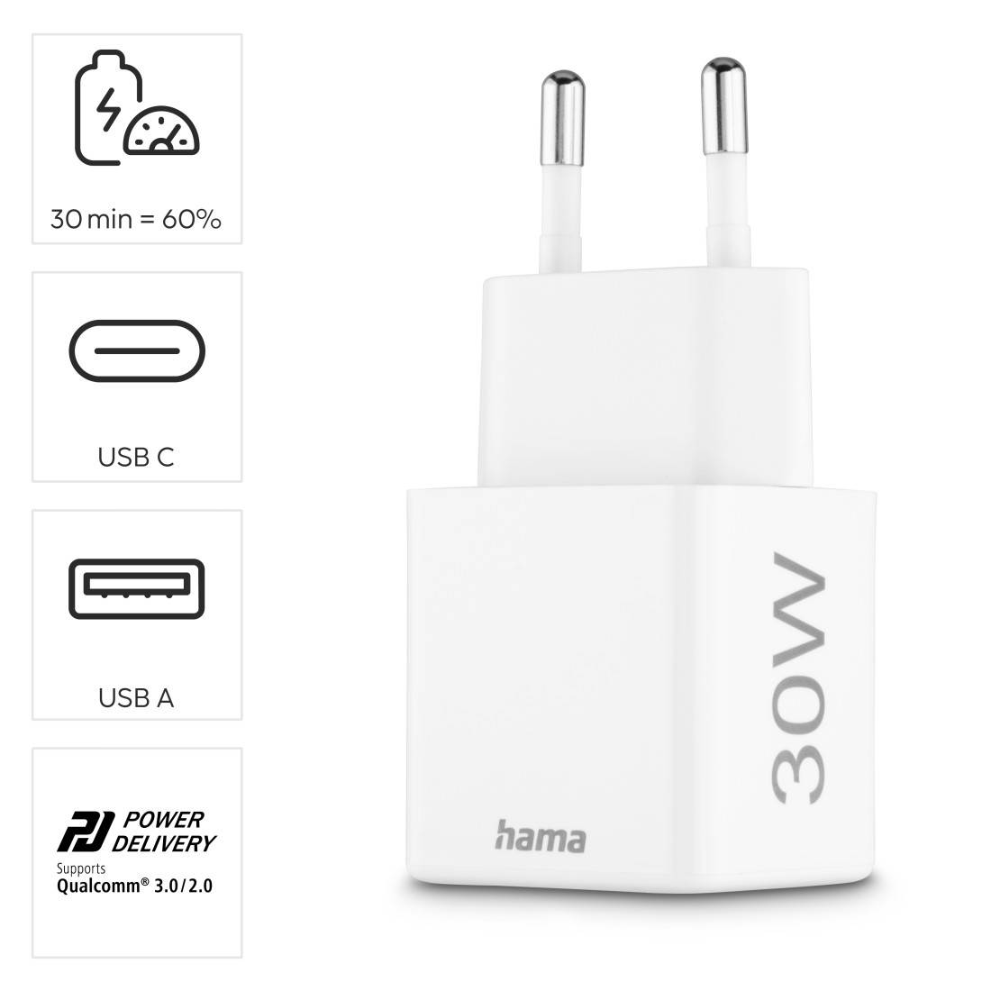 hama 00201992 Schnellladegerät, 1x USB-C, 1x USB-A, Mini-Ladegerät, PD, 30 W, Weiß