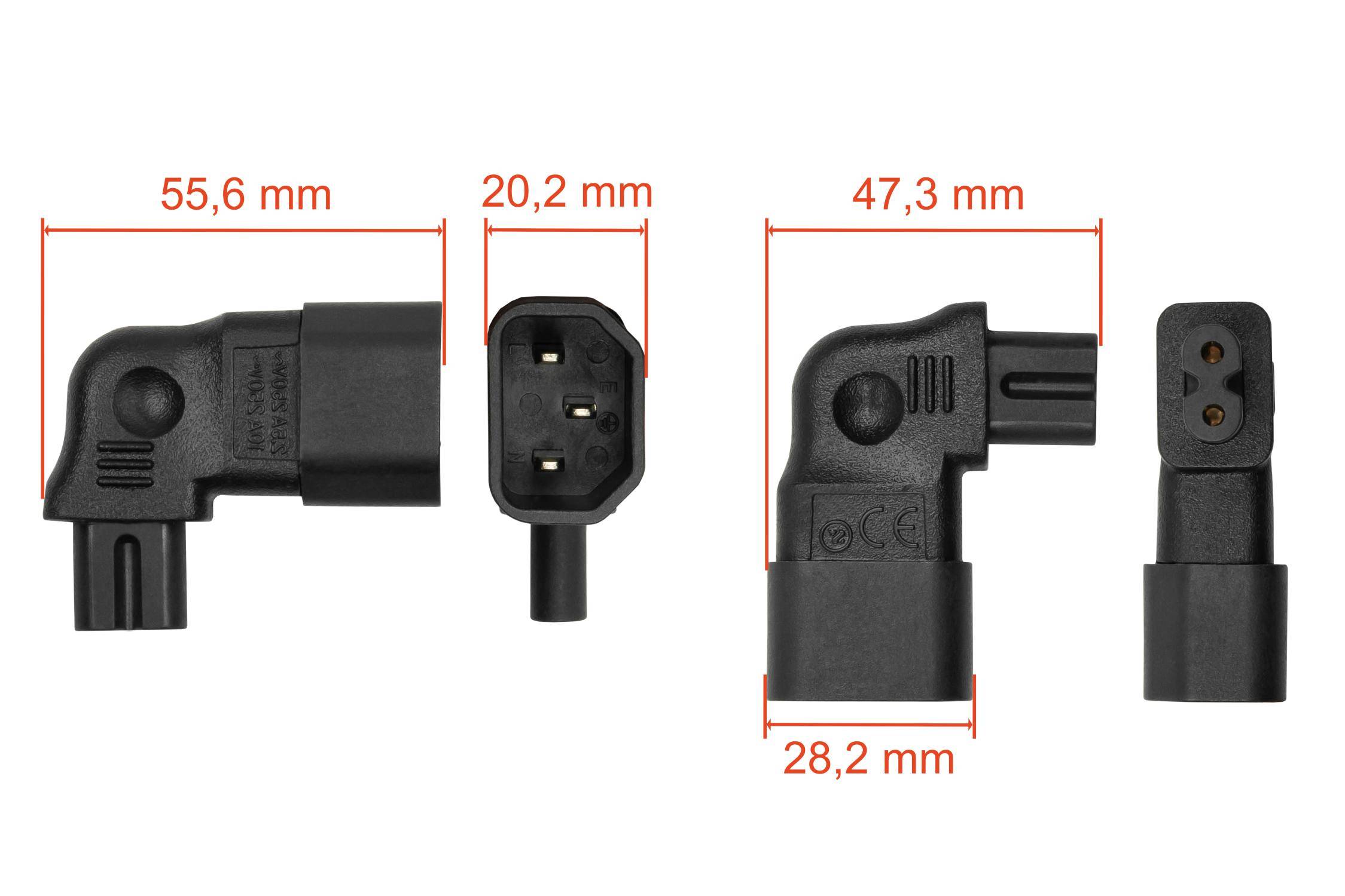 kabelmeister® Stromadapter Kaltgeräte-Stecker C14 an C7/Euro 8 Buchse, links/rechts abgewinkelt, schwarz