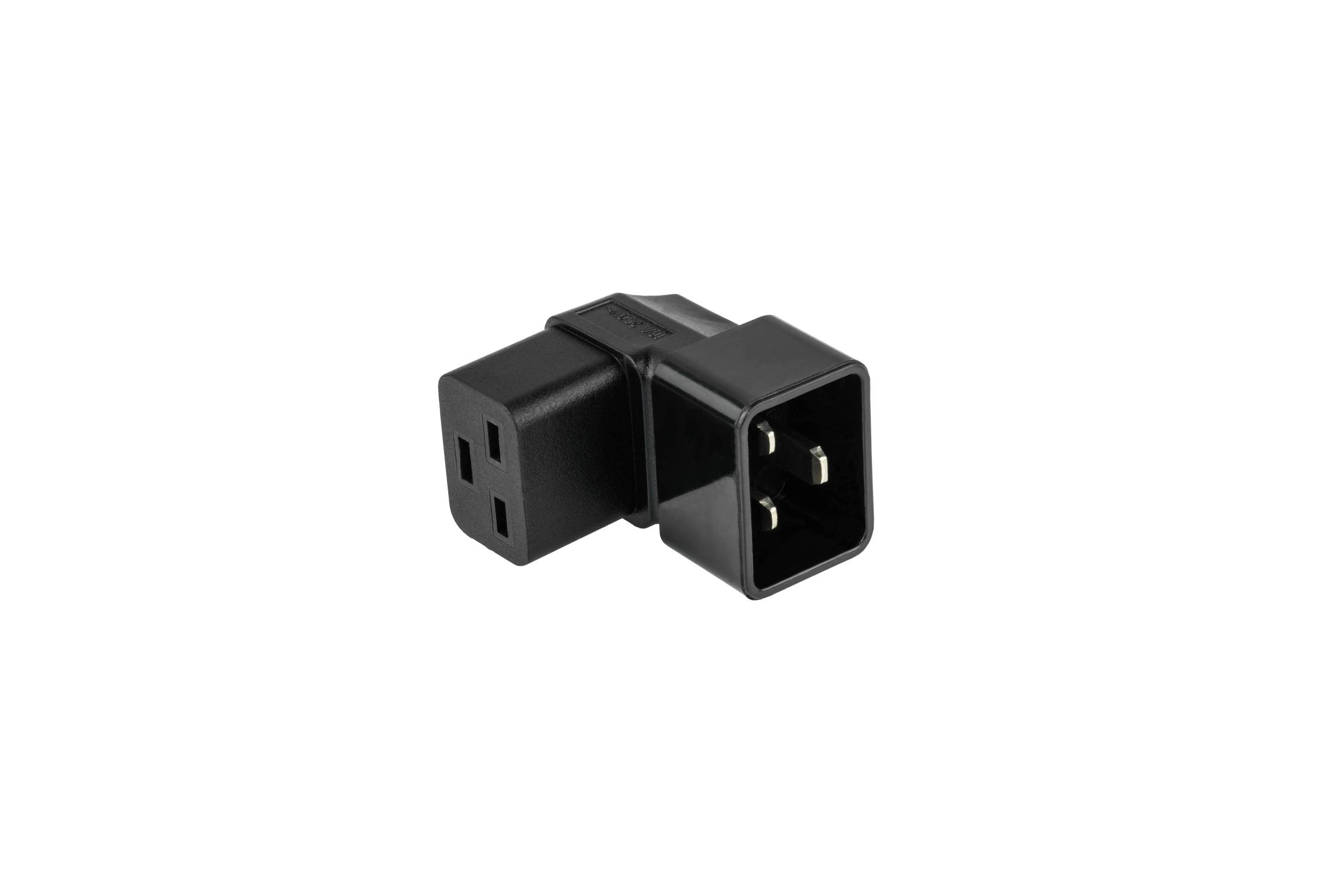 kabelmeister® Stromadapter Kaltgeräte-Stecker C20 an Kaltgeräte-Buchse C19, oben/unten abgewinkelt, schwarz