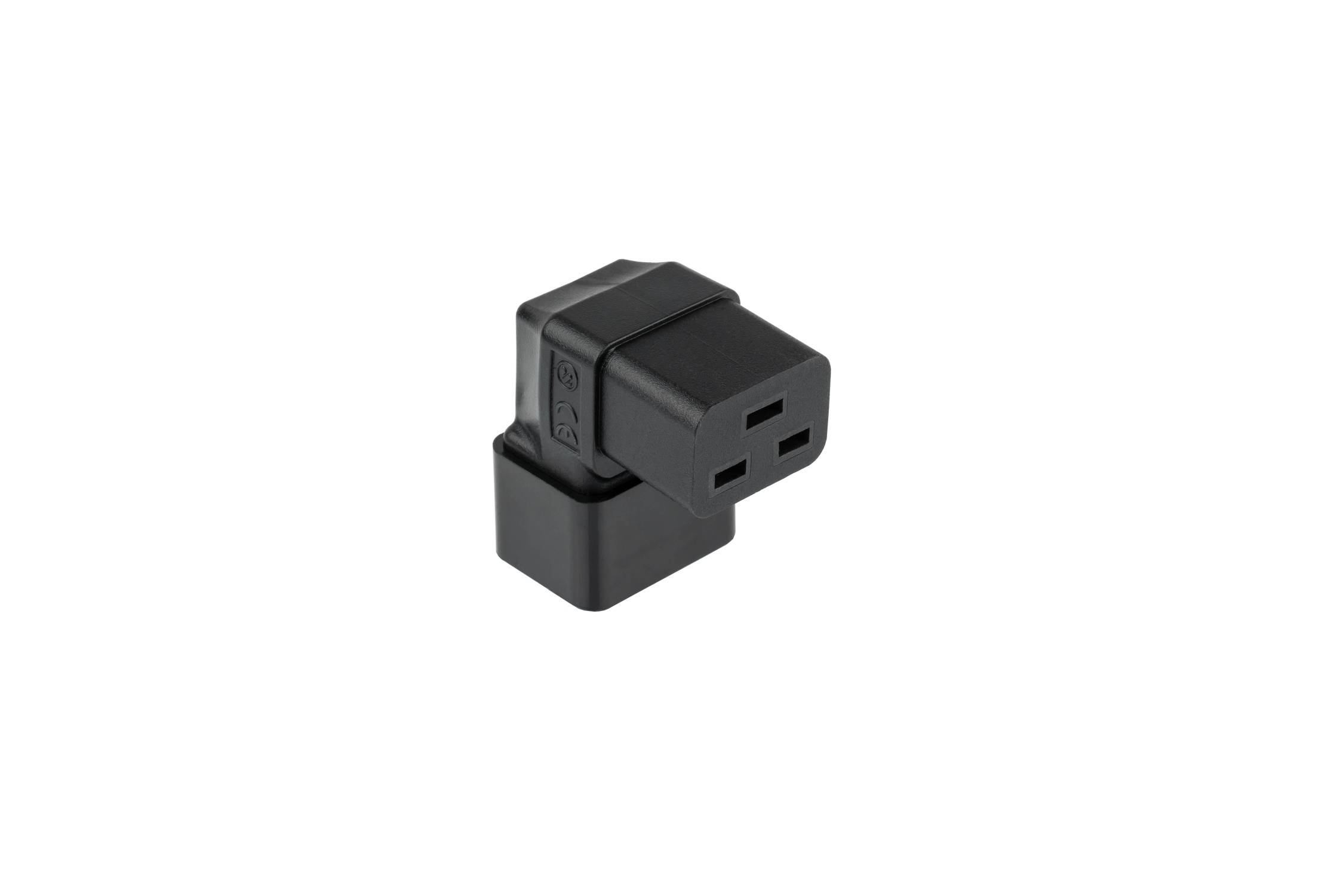 kabelmeister® Stromadapter Kaltgeräte-Stecker C20 an Kaltgeräte-Buchse C19, oben/unten abgewinkelt, schwarz