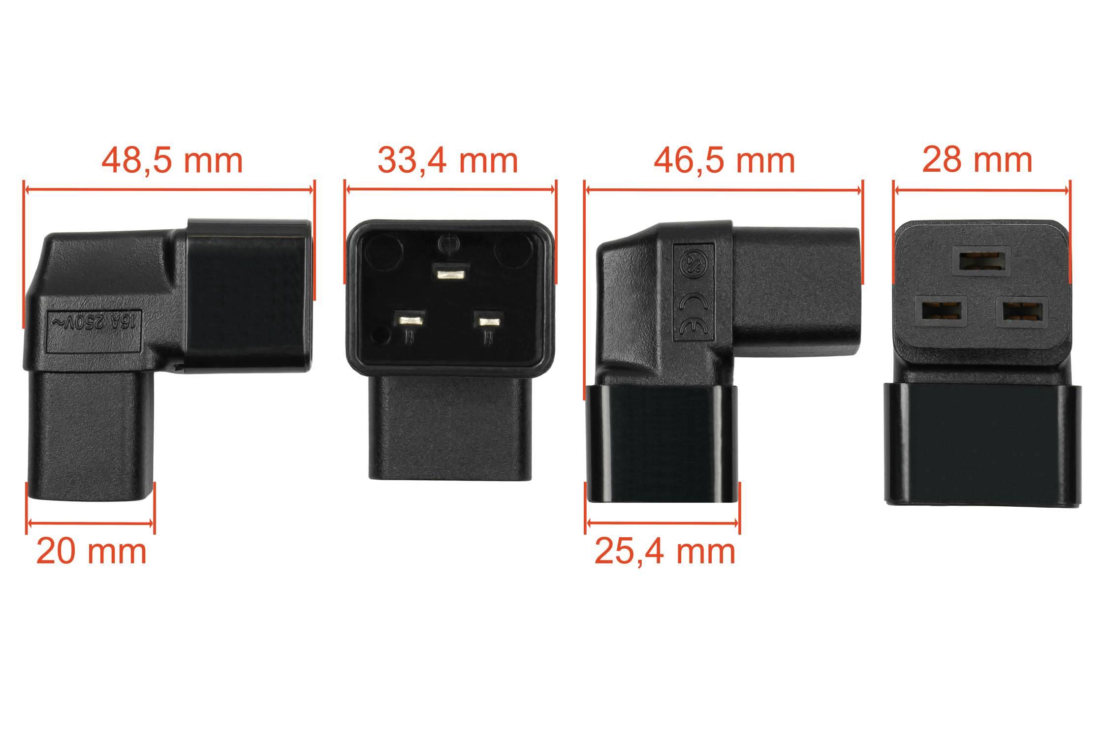 kabelmeister® Stromadapter Kaltgeräte-Stecker C20 an Kaltgeräte-Buchse C19, oben/unten abgewinkelt, schwarz
