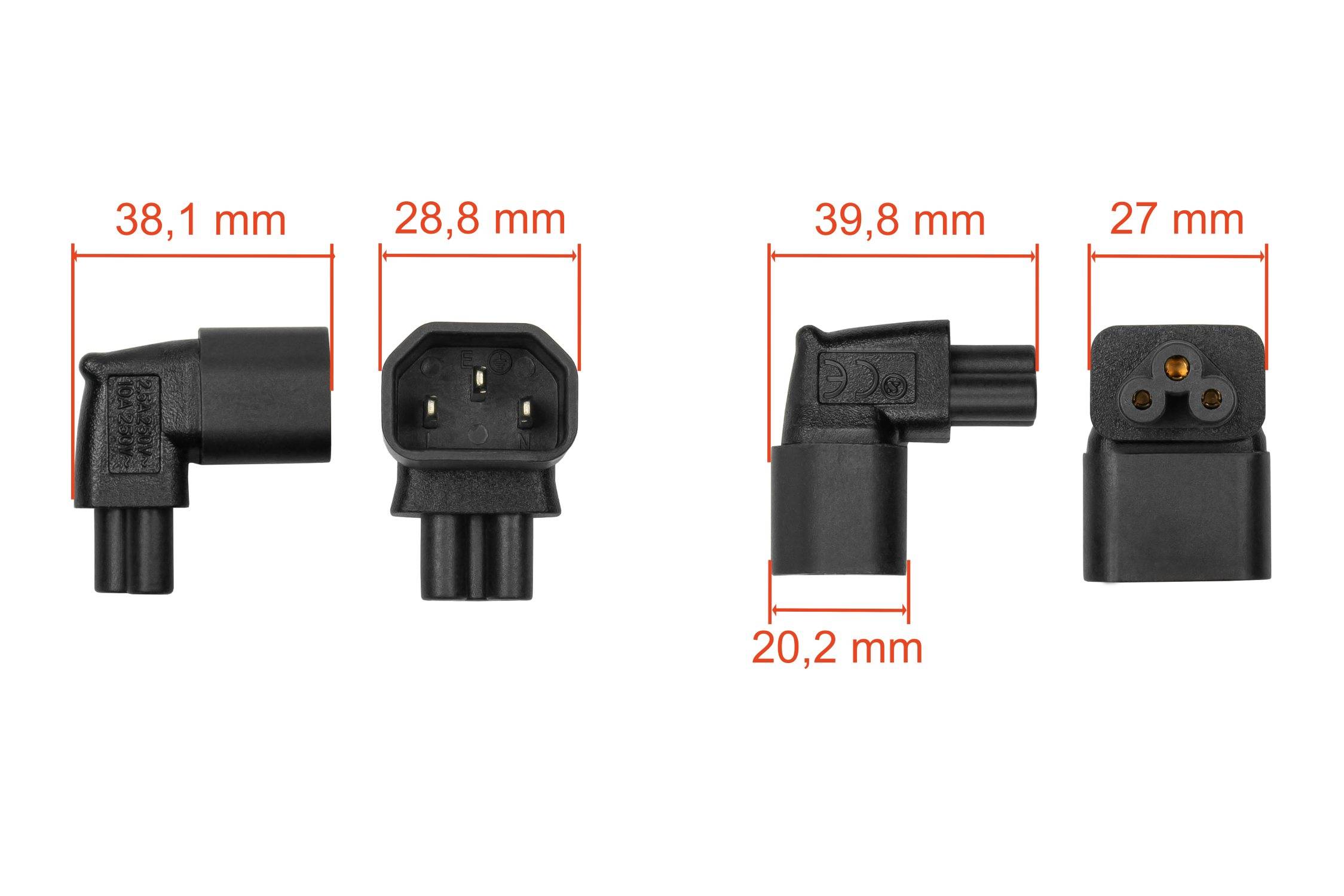 kabelmeister® Stromadapter Kaltgeräte-Stecker C14 an Buchse C5, oben/unten abgewinkelt, schwarz