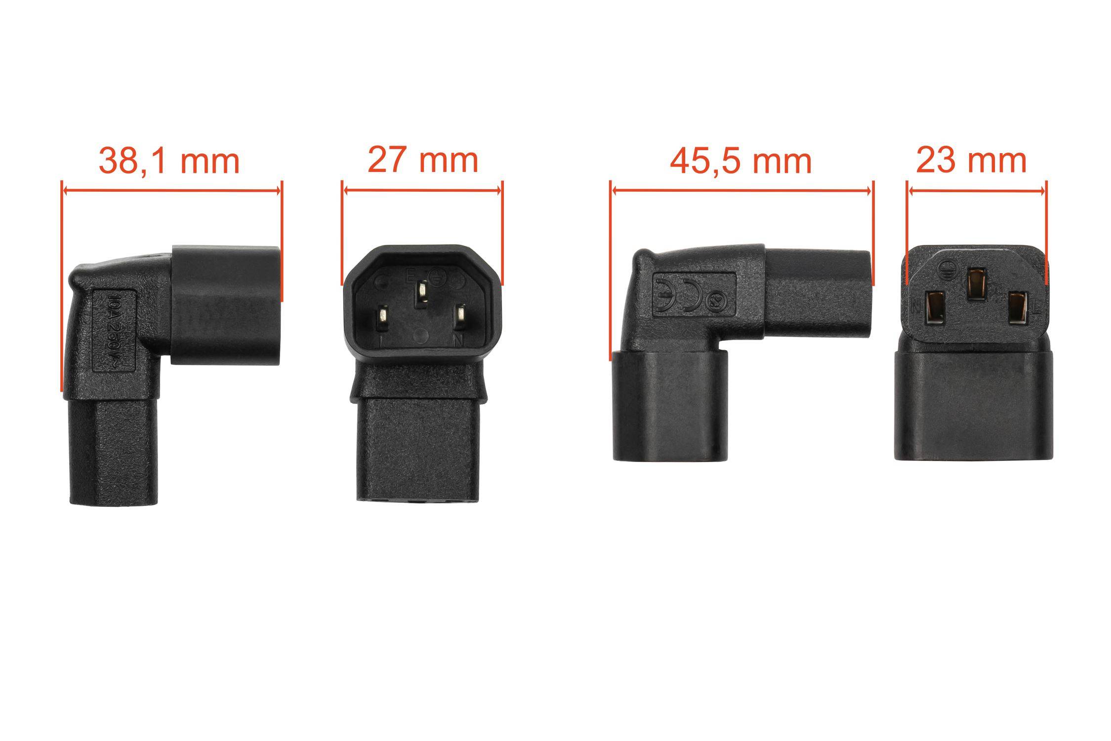 kabelmeister® Stromadapter Kaltgeräte-Stecker C14 an Kaltgeräte-Buchse C13, oben/unten abgewinkelt, schwarz
